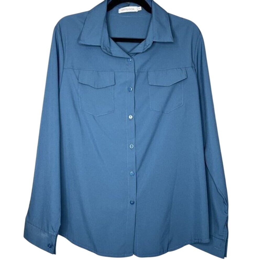 Misslook Blue Button Down Shirt Long Sleeve Utility Pocket Top 2XL